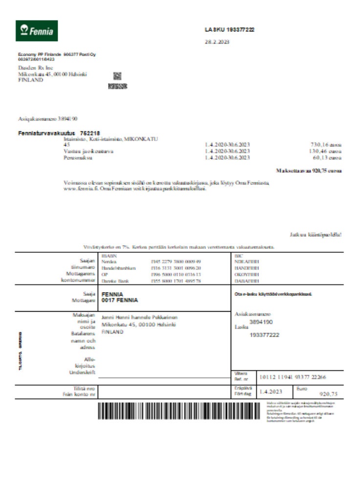 Fennia Insurance company business bill, SCR PSD template